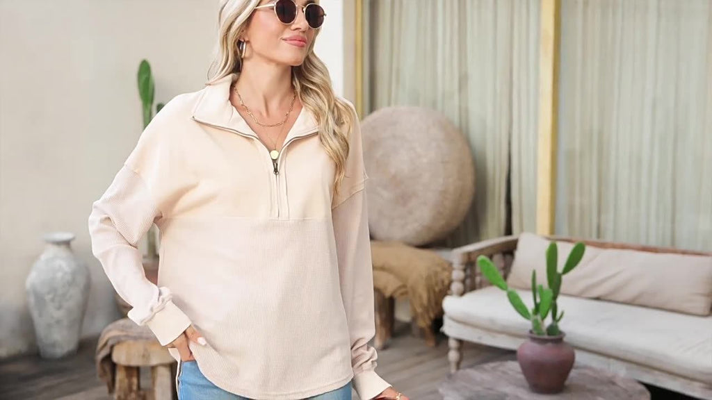 Women's loose-fitting button-down Henley collar sweatshirt, casual long-sleeved pullover sweater, V-neck solid color patchwork belted top