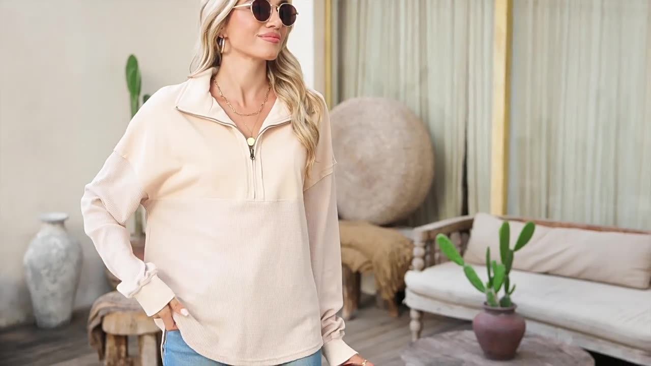 Women's loose-fitting button-down Henley collar sweatshirt, casual long-sleeved pullover sweater, V-neck solid color patchwork belted top