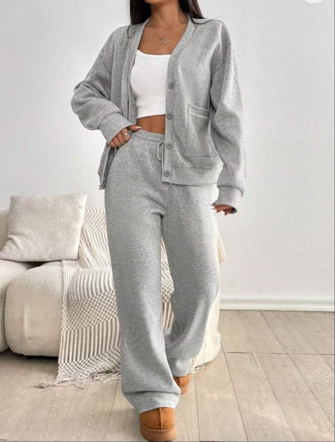 Women's Cardigan Jacket Wide-Leg Pants Casual Suit