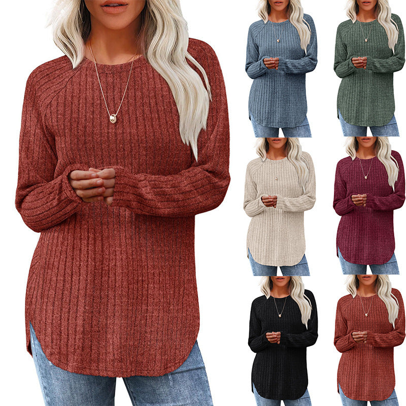Long-sleeved, loose-fitting, casual, versatile, round neck, high and low arc-shaped women's clothing