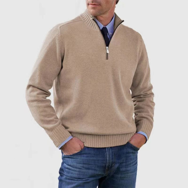 Stylish, versatile, soft, and warm men's cotton turtleneck sweater with zipper closure.