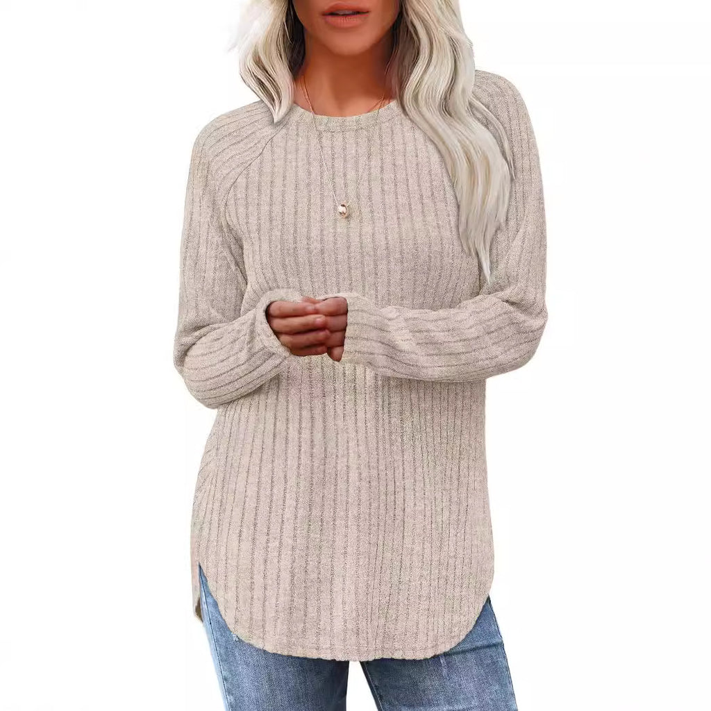 Long-sleeved, loose-fitting, casual, versatile, round neck, high and low arc-shaped women's clothing
