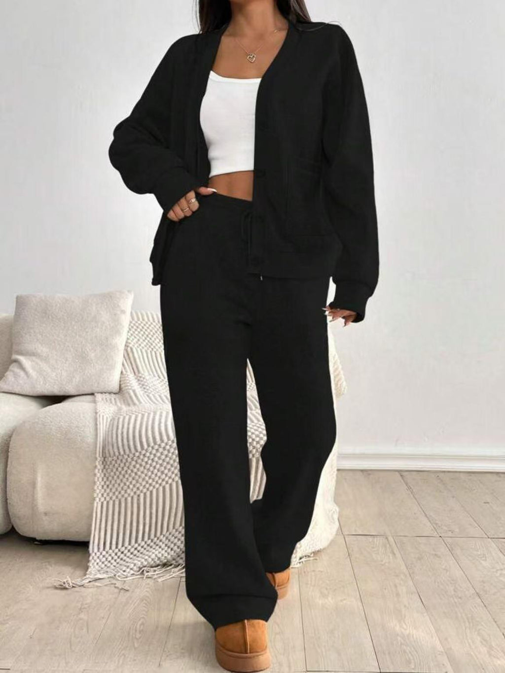 Women's Cardigan Jacket Wide-Leg Pants Casual Suit