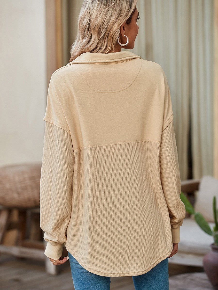 Women's loose-fitting button-down Henley collar sweatshirt, casual long-sleeved pullover sweater, V-neck solid color patchwork belted top