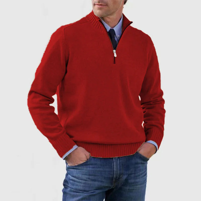 Stylish, versatile, soft, and warm men's cotton turtleneck sweater with zipper closure.