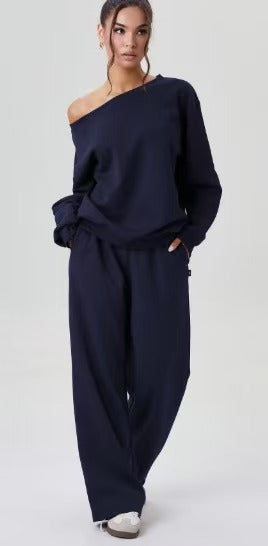 Women's Leisure Solid Color SlopingShoulder Long Sleeve Top & Wide Leg TrousersCo-ord, Cozy Scoop Neck Loose Two PieceOutfits,Basic Womenswear