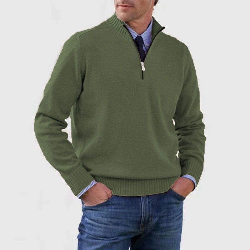 Stylish, versatile, soft, and warm men's cotton turtleneck sweater with zipper closure.