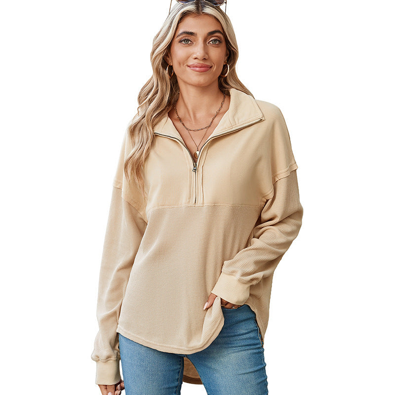 Women's loose-fitting button-down Henley collar sweatshirt, casual long-sleeved pullover sweater, V-neck solid color patchwork belted top