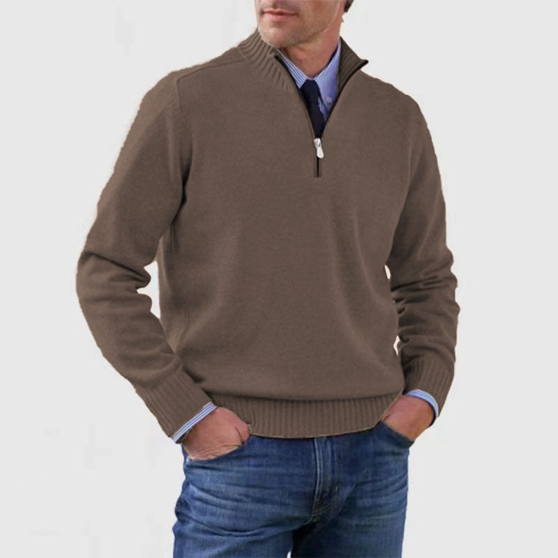 Stylish, versatile, soft, and warm men's cotton turtleneck sweater with zipper closure.