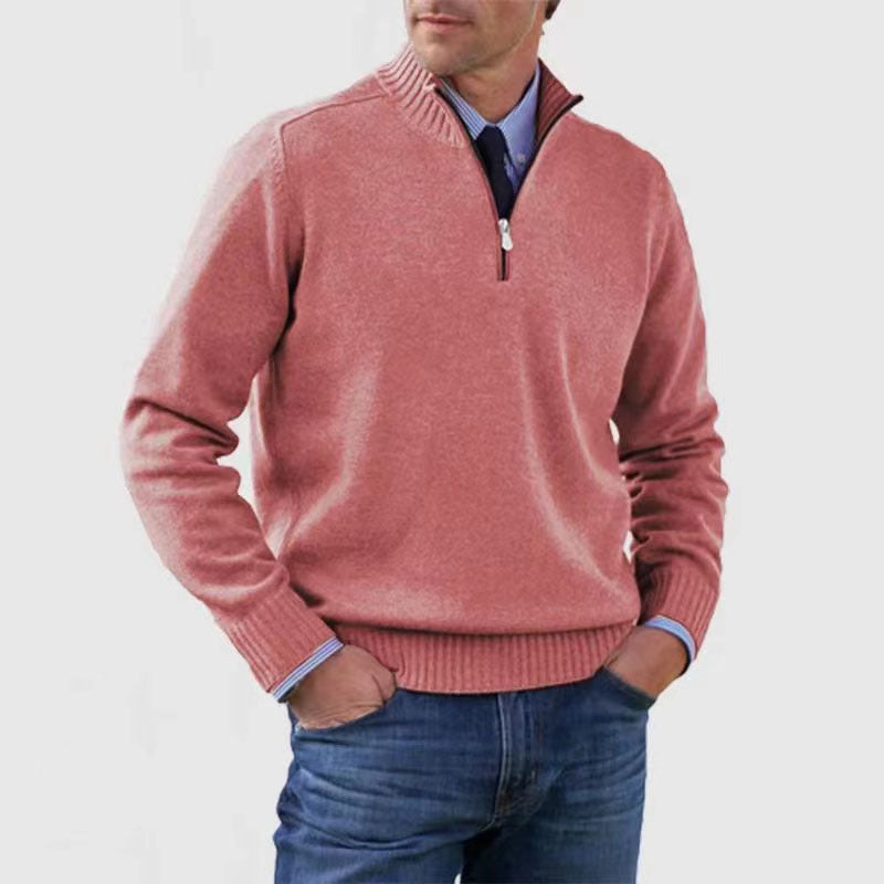 Stylish, versatile, soft, and warm men's cotton turtleneck sweater with zipper closure.