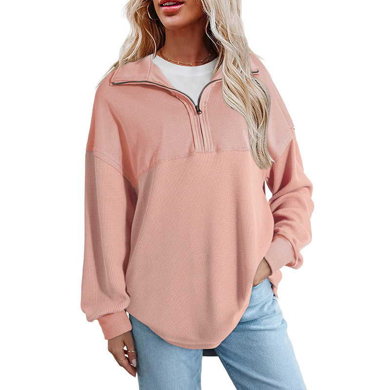 Women's loose-fitting button-down Henley collar sweatshirt, casual long-sleeved pullover sweater, V-neck solid color patchwork belted top
