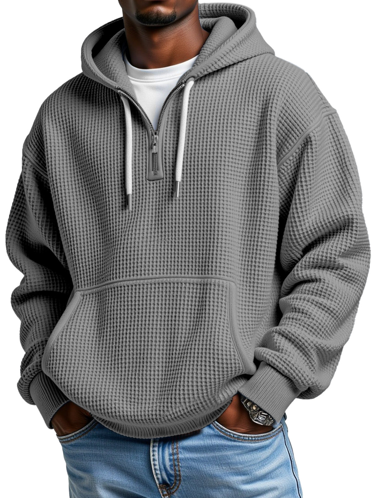 Men's Casual Solid Color Waffle Zipper Long Sleeve Hooded Sweatshirt