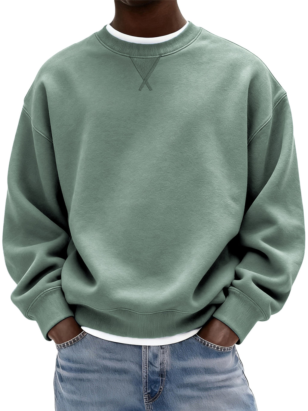 Men's Heavyweight Cotton X-stitch Crew-neck Basic Pullover Sweatshirt