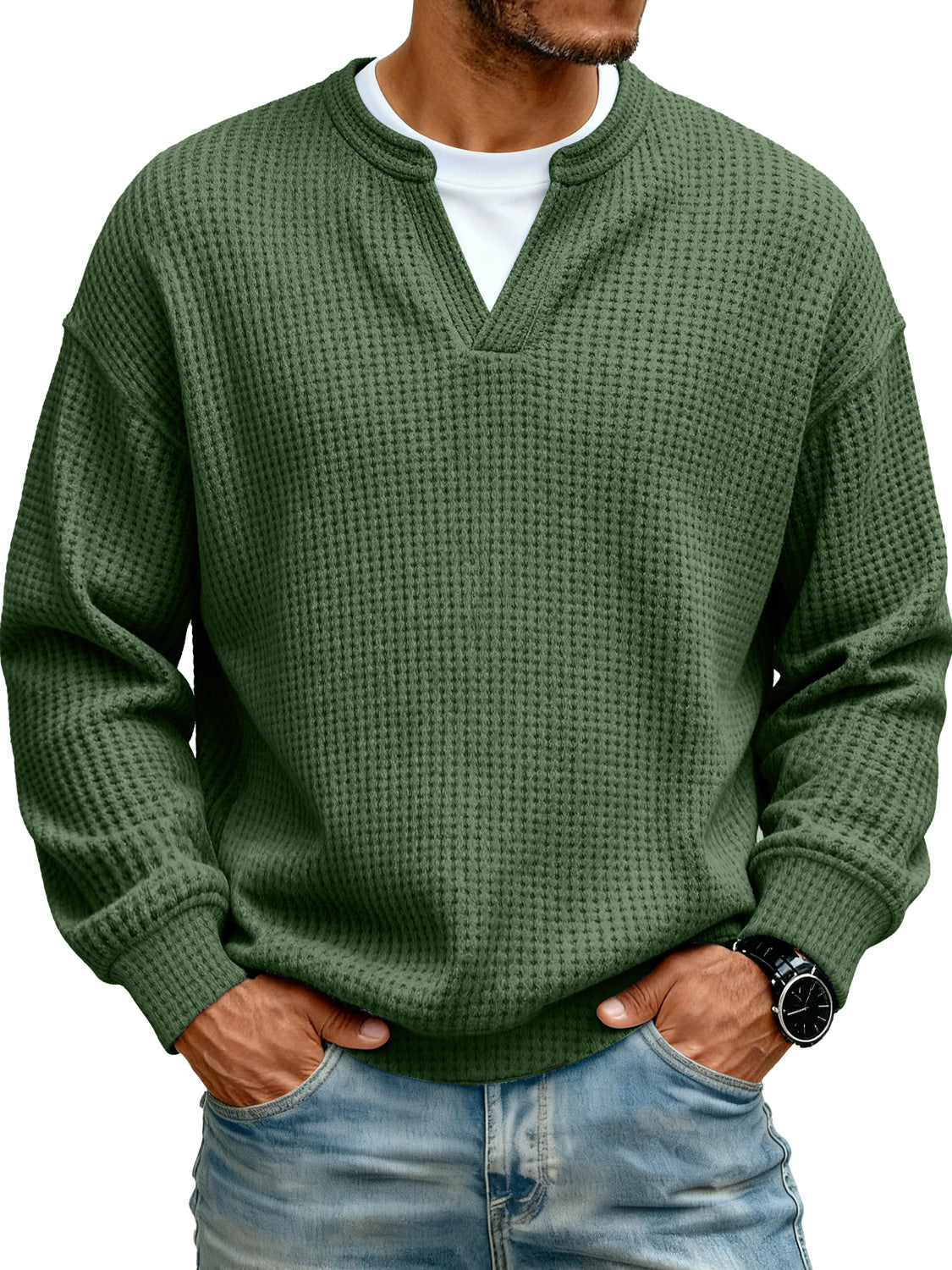 Men's Simple Waffle V-neck Fake Two-piece Casual Long-sleeved T-shirt