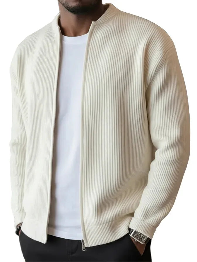 SLEEVED JACKET MEN'S SIMPLE CASUAL RIBBED STAND COLLAR ZIPPER LONG