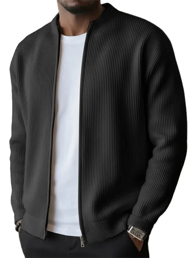 SLEEVED JACKET MEN'S SIMPLE CASUAL RIBBED STAND COLLAR ZIPPER LONG