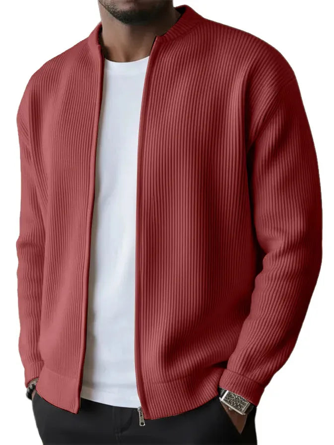 SLEEVED JACKET MEN'S SIMPLE CASUAL RIBBED STAND COLLAR ZIPPER LONG