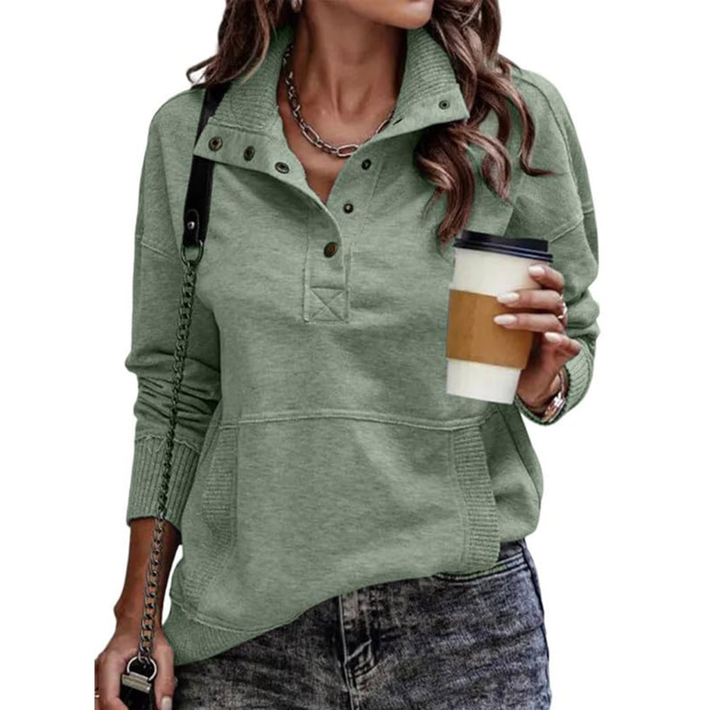 Autumn/Winter Solid Color Pocket Design Long Sleeve Button Fashion Street Style Women's Sweatshirt