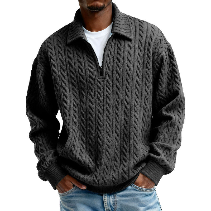 Men's Clothing Fashionable Casual Twist Texture Fabric Lapel Zipper Long-sleeved Hoodie