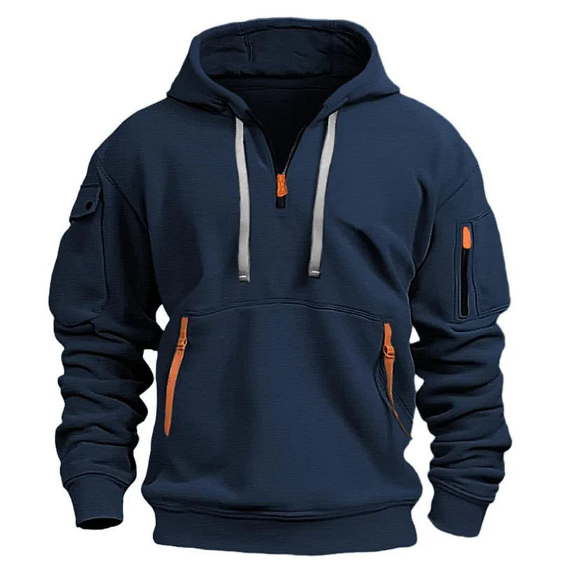 Stylish zippered hooded sweatshirt with multiple pockets, a men's athletic casual jacket.
