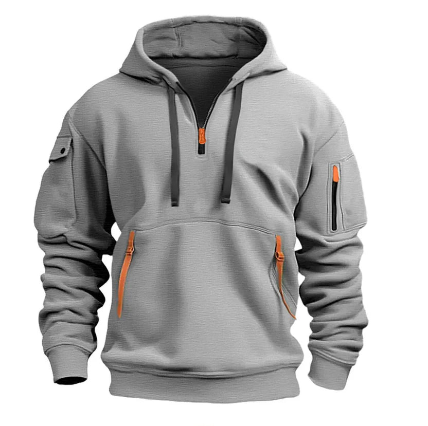 Stylish zippered hooded sweatshirt with multiple pockets, a men's athletic casual jacket.