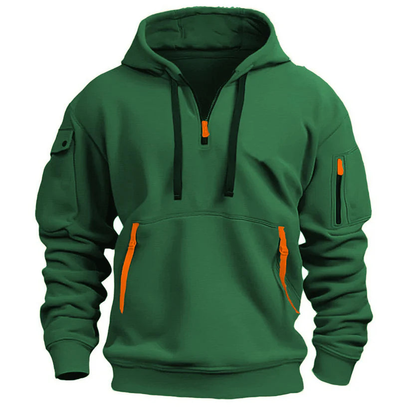 Stylish zippered hooded sweatshirt with multiple pockets, a men's athletic casual jacket.