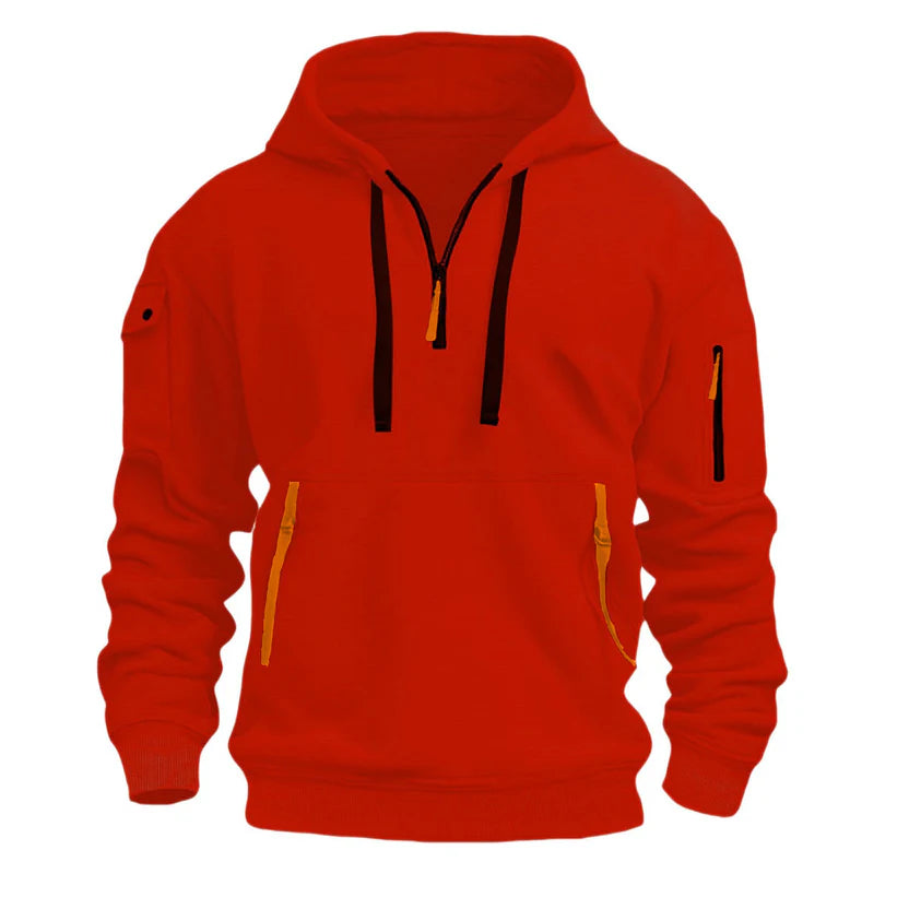 Stylish zippered hooded sweatshirt with multiple pockets, a men's athletic casual jacket.
