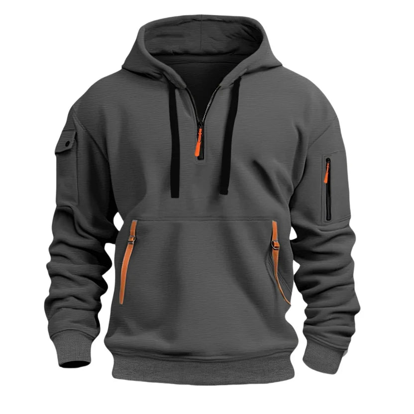 Stylish zippered hooded sweatshirt with multiple pockets, a men's athletic casual jacket.