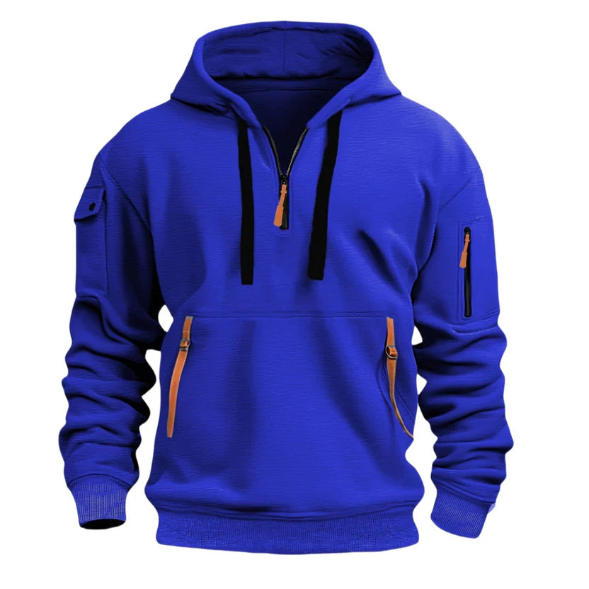 Stylish zippered hooded sweatshirt with multiple pockets, a men's athletic casual jacket.