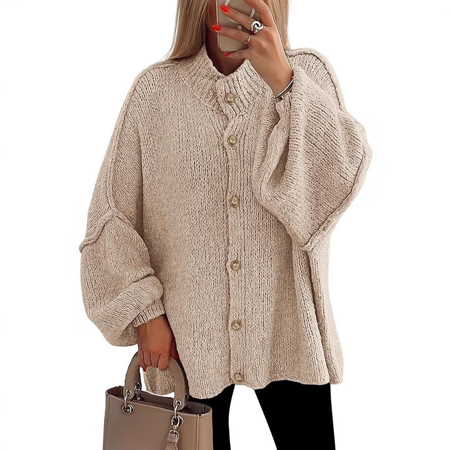 PrettyGarden Women's Winter Button Down Cardigan Sweaters Mock Neck Lantern LongSleeve Chunky Knit Jacket Trendy Outerwear