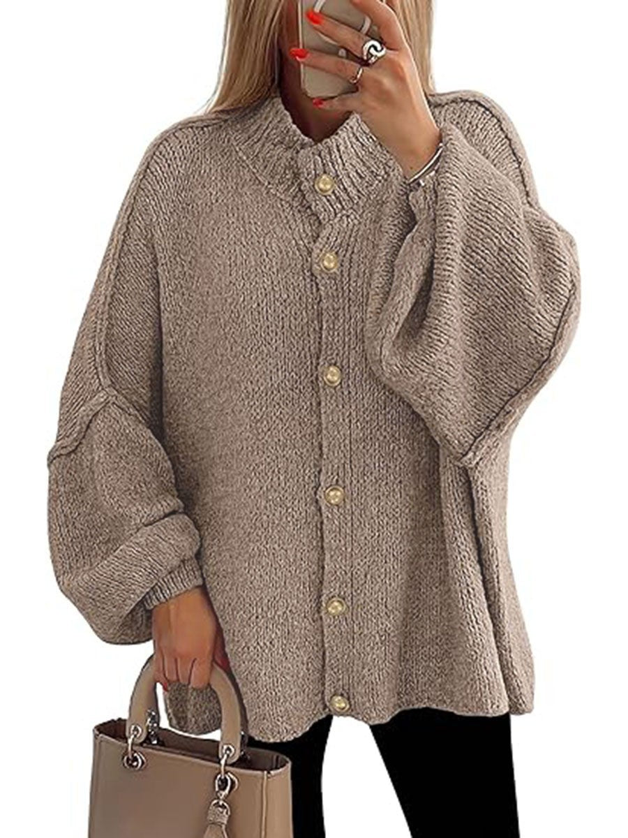 PrettyGarden Women's Winter Button Down Cardigan Sweaters Mock Neck Lantern LongSleeve Chunky Knit Jacket Trendy Outerwear