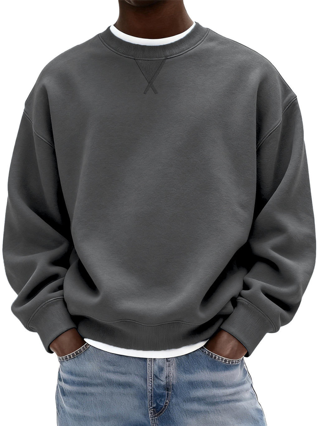 Men's Heavyweight Cotton X-stitch Crew-neck Basic Pullover Sweatshirt