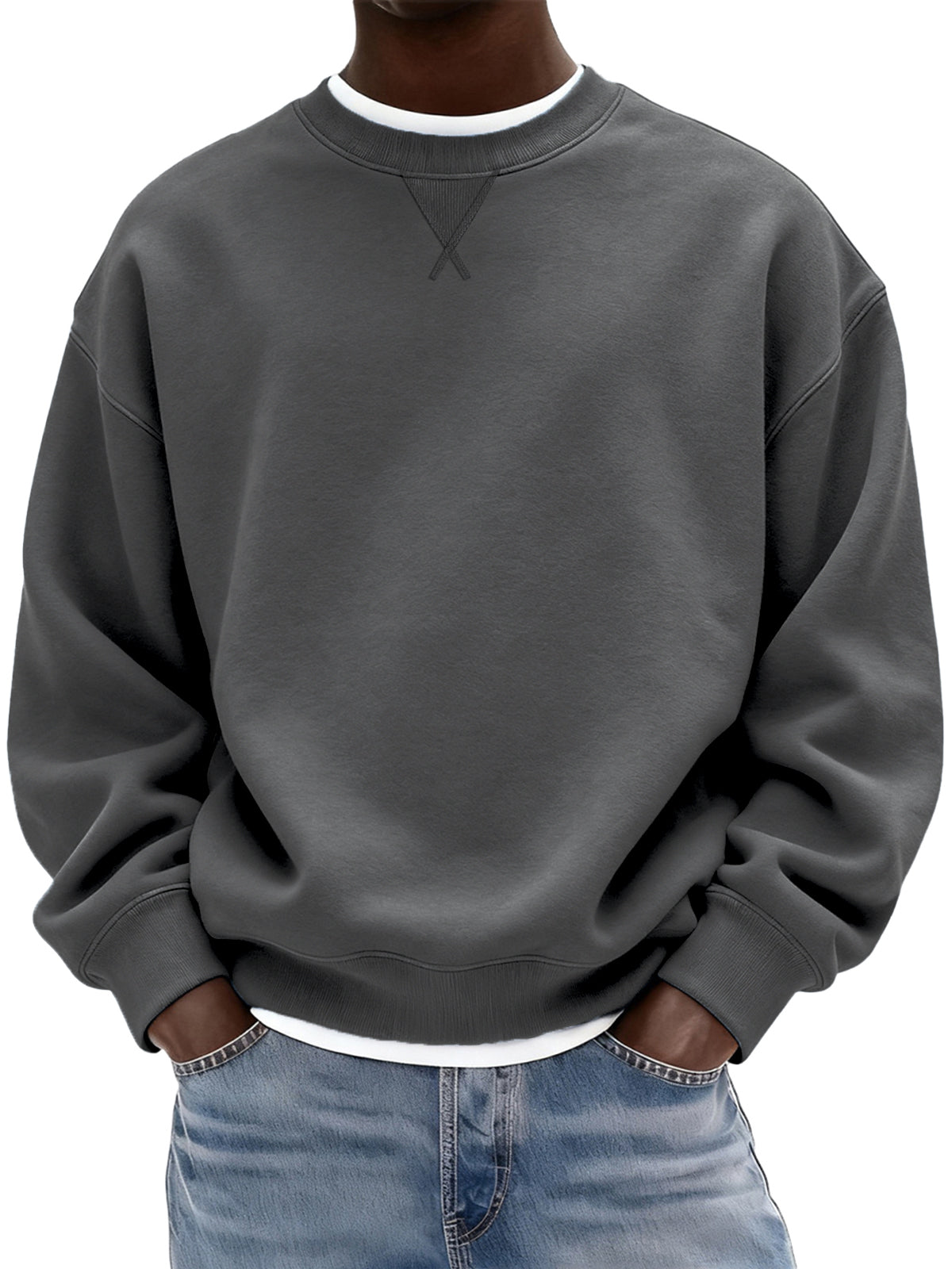 Men's Heavyweight Cotton X-stitch Crew-neck Basic Pullover Sweatshirt